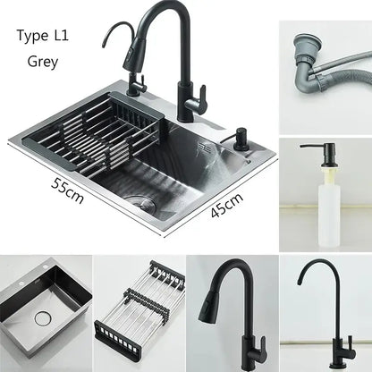 Black matte-finish modern stainless steel 55x45cm sink kit with gooseneck faucet and integrated dish rack for kitchen use