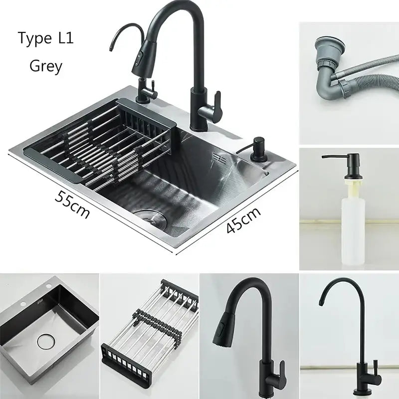 Black matte-finish modern stainless steel 55x45cm sink kit with gooseneck faucet and integrated dish rack for kitchen use