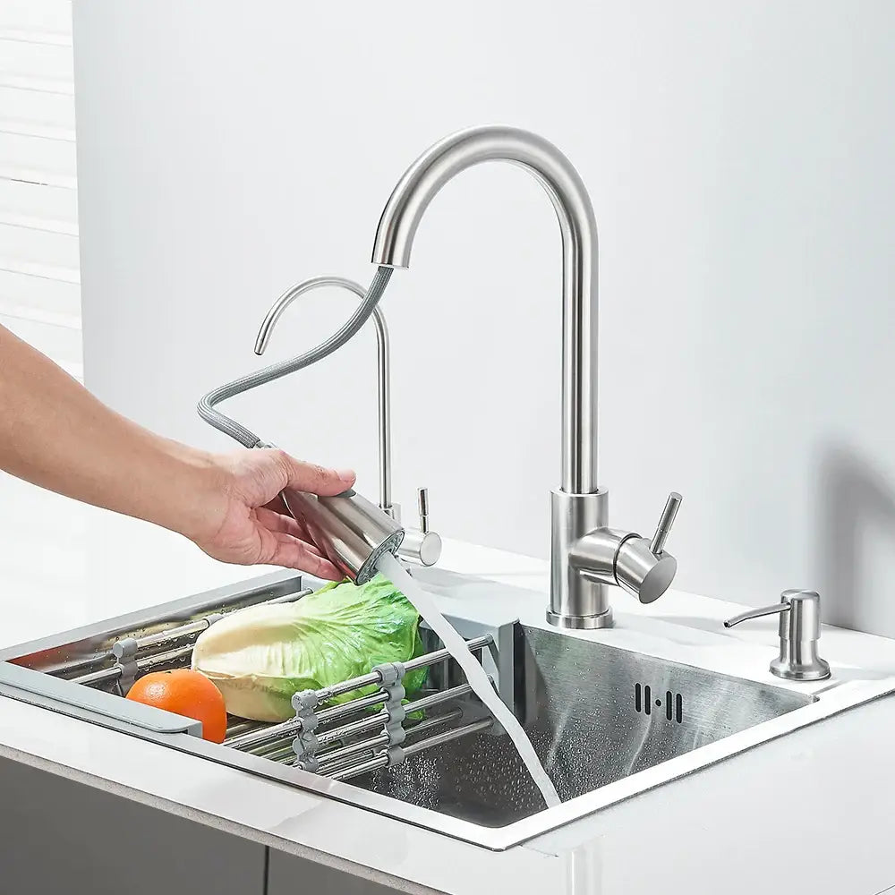 Modern stainless steel 55x45cm sink kit with stainless steel kitchen faucet featuring curved spout and pull-down spray head