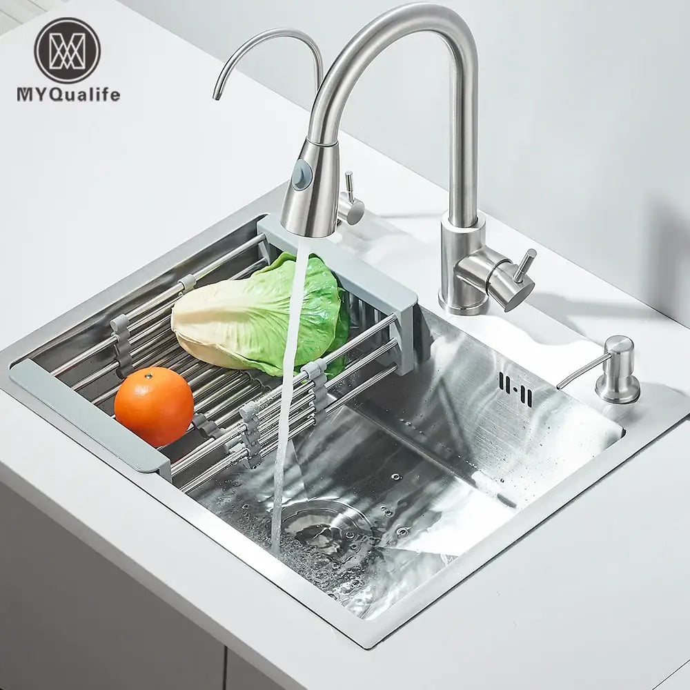 Modern stainless steel 55x45cm sink kit with sleek faucet and integrated dish rack for kitchen use