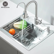 Modern stainless steel 55x45cm sink kit with sleek faucet and integrated dish rack for kitchen use