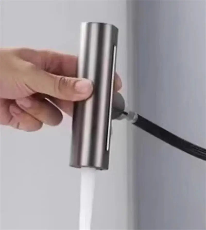 Modern stainless steel and black abs kitchen faucet replacement spouts with sleek cylindrical design and pull-down hose