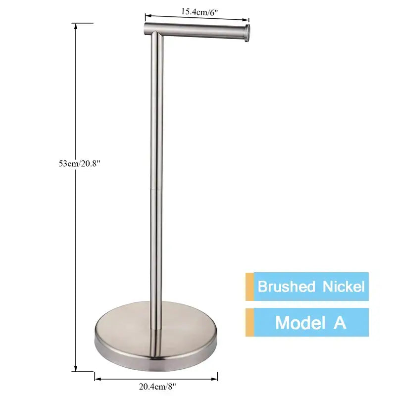 Brushed nickel paper holder with sleek modern design and sturdy circular base in stainless steel bathroom set with brush rack