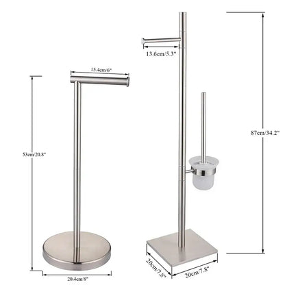 Modern stainless steel bathroom set with brush rack and paper holder in silver for organized toilet essentials