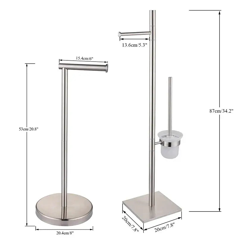 Modern stainless steel bathroom set with brush rack and paper holder in silver for organized toilet essentials