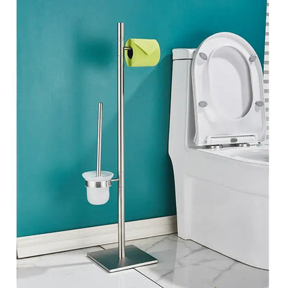 Modern stainless steel bathroom set featuring a sleek brush rack and paper holder for organized storage