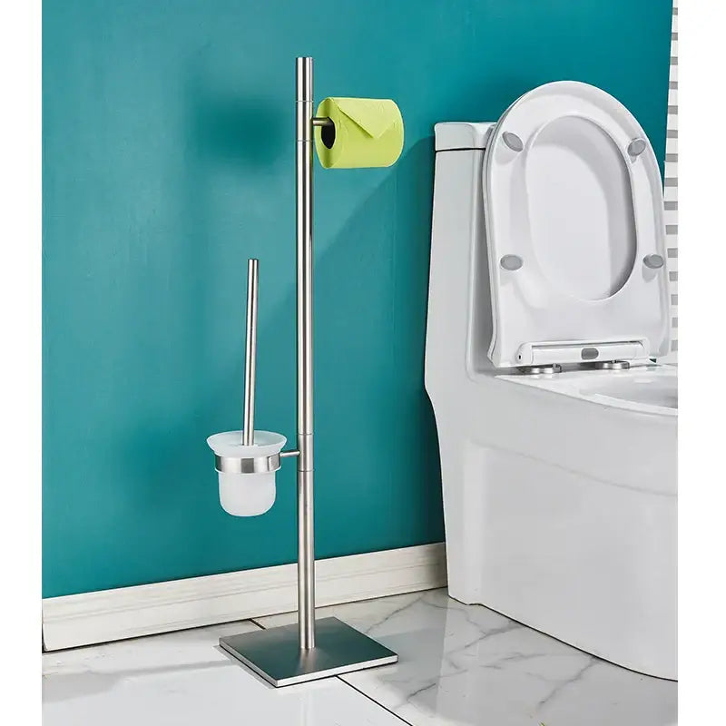 Modern stainless steel bathroom set featuring a sleek brush rack and paper holder for organized storage
