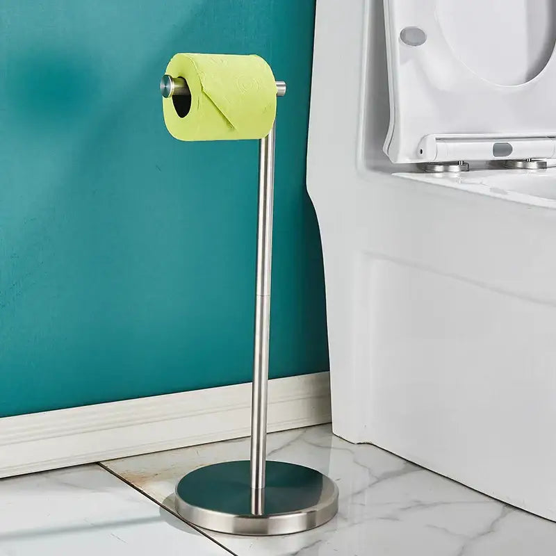 Modern stainless steel bathroom set paper holder with a sleek design and round base for organized brush rack use