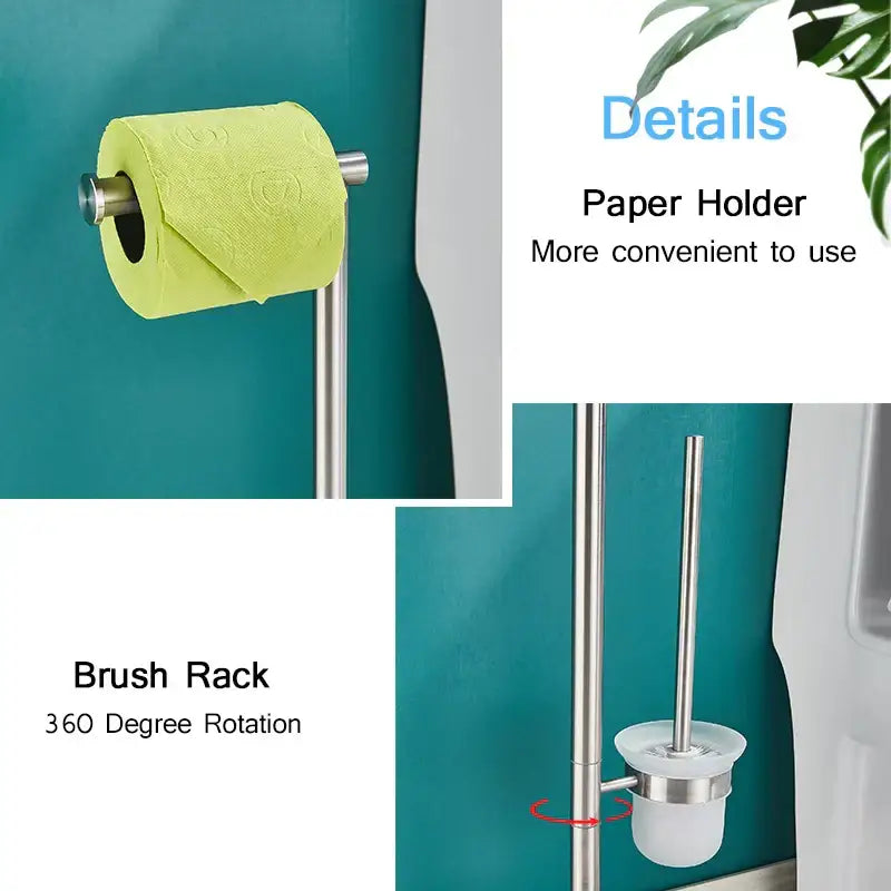 Modern stainless steel bathroom set with a 360-degree rotating brush rack and paper holder in silver finish