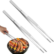 A pair of sleek stainless steel bbq tongs with textured grip ridges for enhanced churrasco cooking and grilling experience