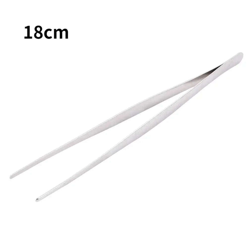 Silver-colored stainless steel bbq tongs with textured grip and pointed tips for enhanced churrasco cooking experience