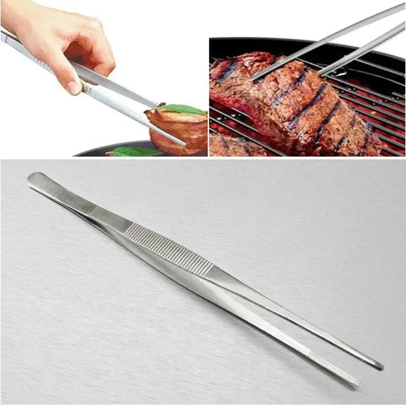 Modern stainless steel bbq tongs with polished finish and textured grip for enhanced churrasco cooking and grilling experience