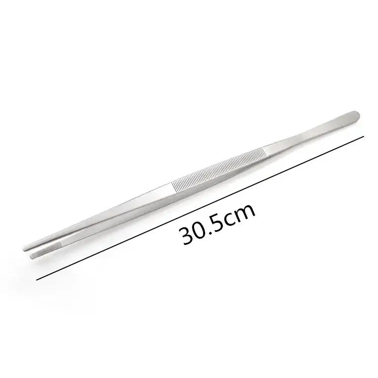 Silver stainless steel bbq tongs with textured grip and fine pointed tips for enhanced grilling experience