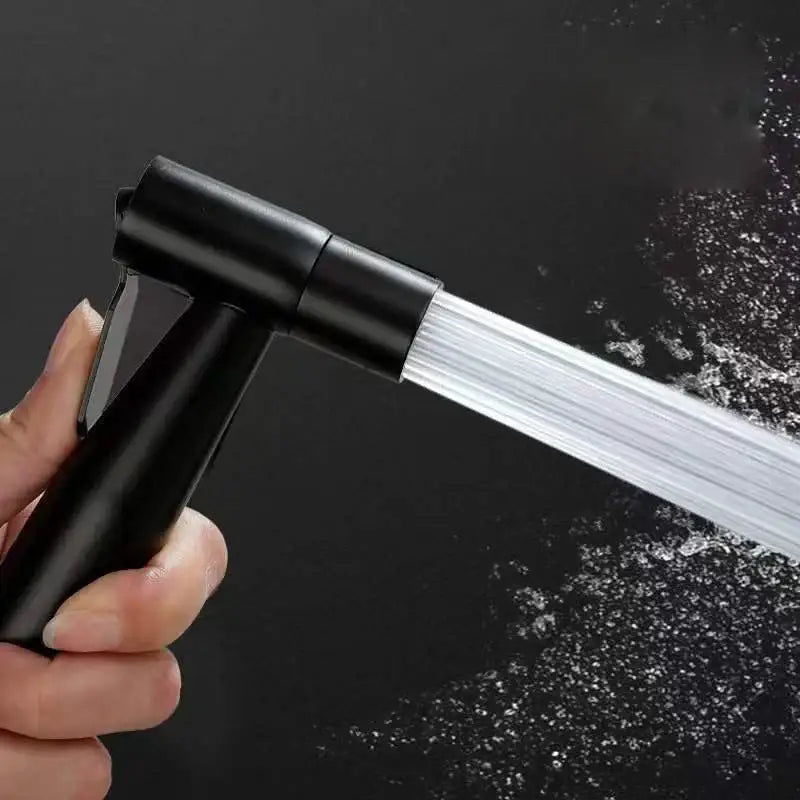 Black handheld shower nozzle with trigger mechanism in modern stainless steel decorbites bidet washbasin mixer set