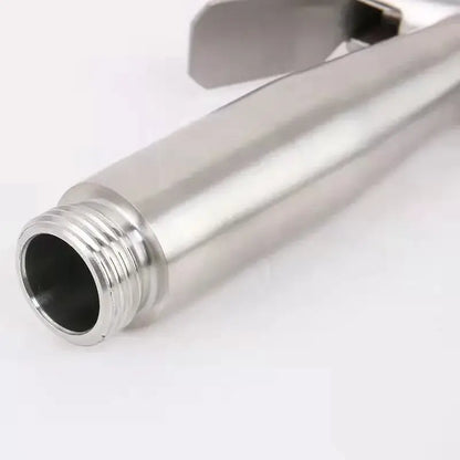 Modern stainless steel bidet washbasin mixer set with polished stainless steel garden hose nozzle and threaded connection
