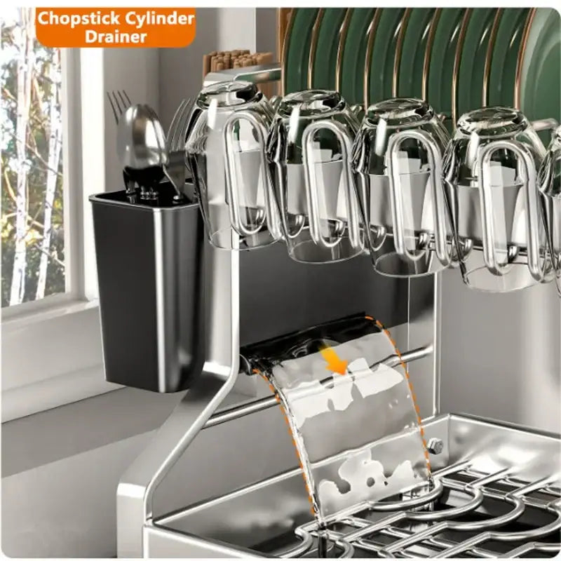 Modern stainless steel black dish drying rack with stainless steel chopstick cylinder drainer and integrated utensil holder storage rack
