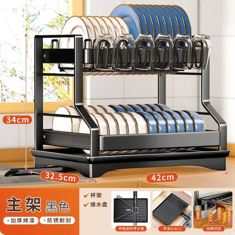 Modern stainless steel black dish drying rack with two-tier design and sturdy base for efficient kitchen storage rack