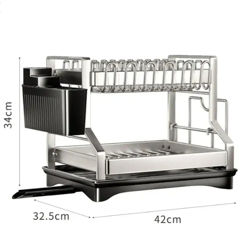 Modern stainless steel and black plastic two-tier dish drying rack with curved wire holders for kitchen storage rack