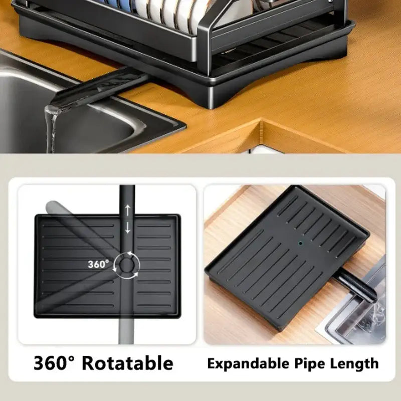 Black plastic dish drying rack with adjustable pipe length and 360-degree rotation for versatile kitchen storage rack