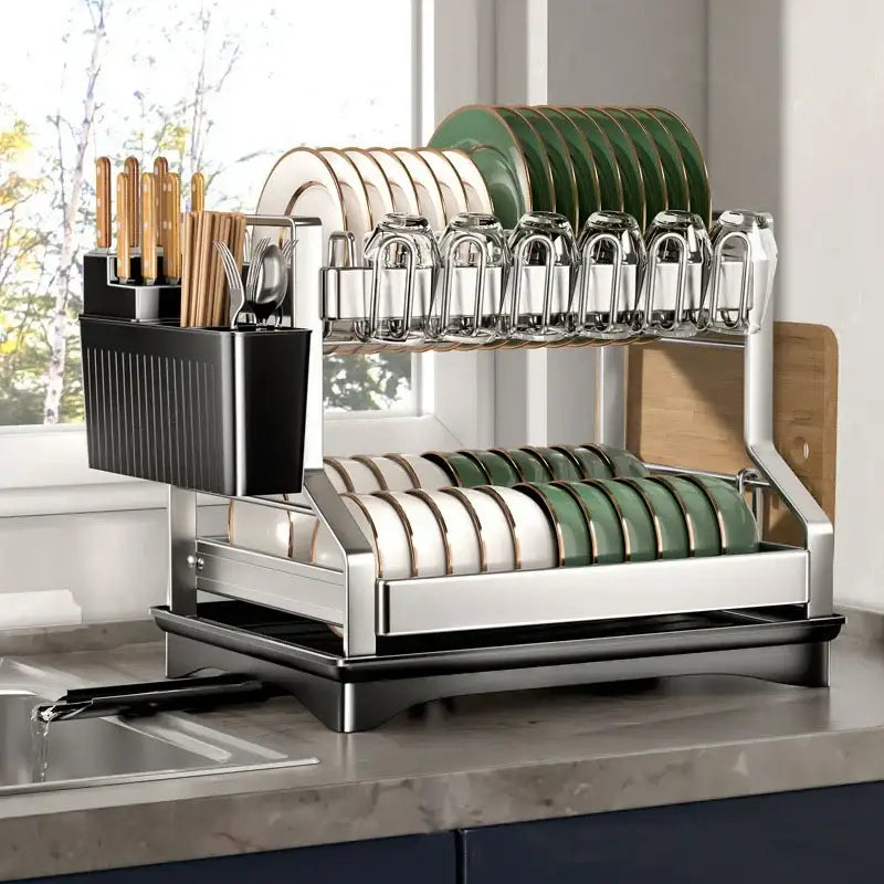 Modern stainless steel black dish drying rack with two tiers holds plates glassware and utensils in organized storage rack