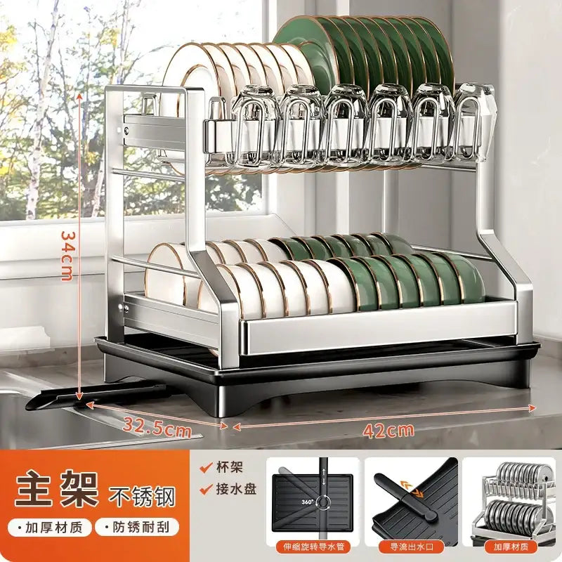 Modern stainless steel two-tier dish drying rack with black base holding green and white plates and clear glass cups storage rack
