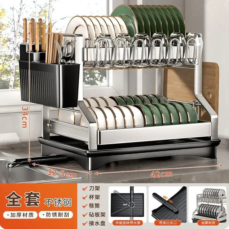 Modern stainless steel black dish drying rack with two tiers and built-in water drainage for efficient kitchen storage