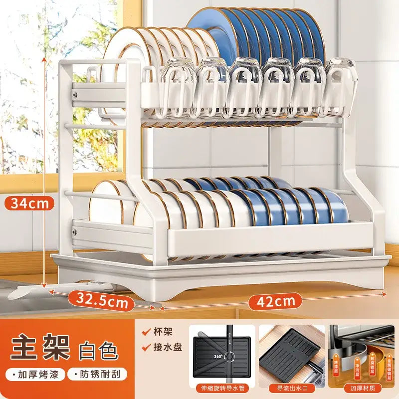 Modern white two-tier dish drying rack with sleek design and sturdy construction for kitchen storage rack use
