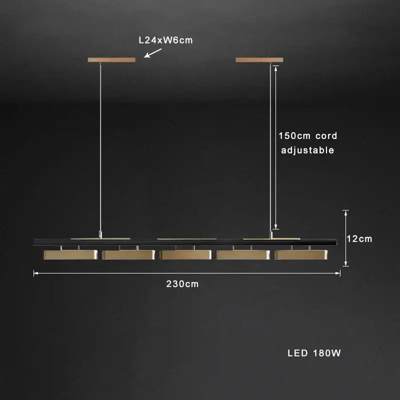 Modern stainless steel pendant lamp with a decorbites brushed gold finish and five rectangular led modules for dining room decor
