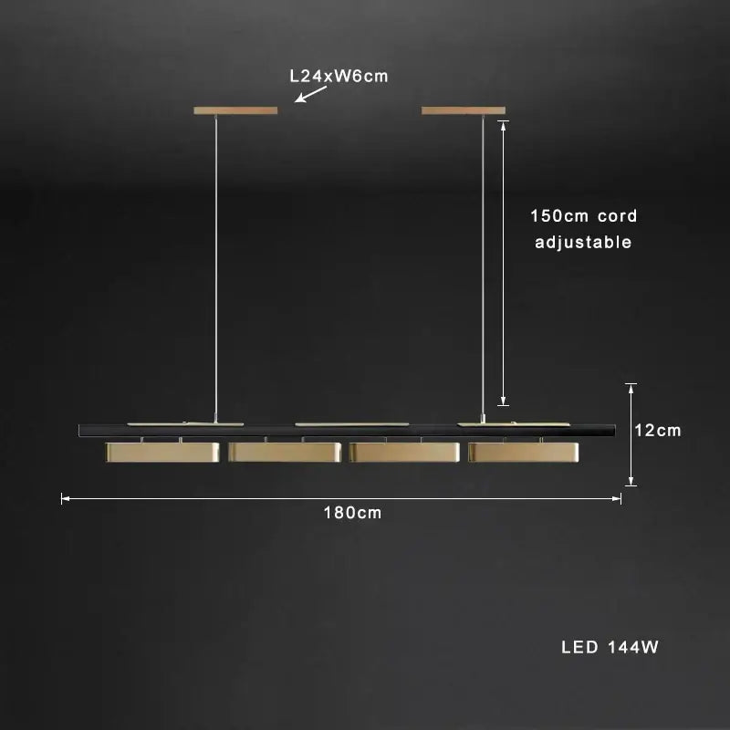 Modern pendant lamp in brushed gold stainless steel with black and gold rectangular led light and adjustable 150cm cord