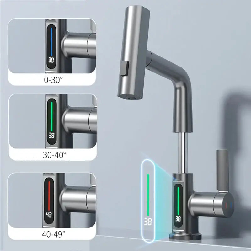 Modern stainless steel basin faucet with digital display showing 38 degrees for precise bathroom temp control by decorbites