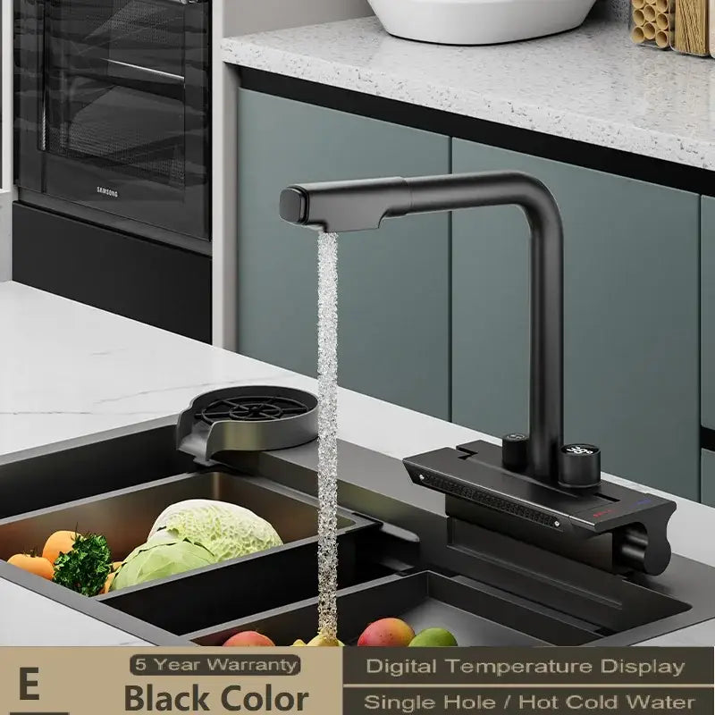 Modern stainless steel kitchen faucet with black matte finish and decorbites digital display pull for precise temperature control