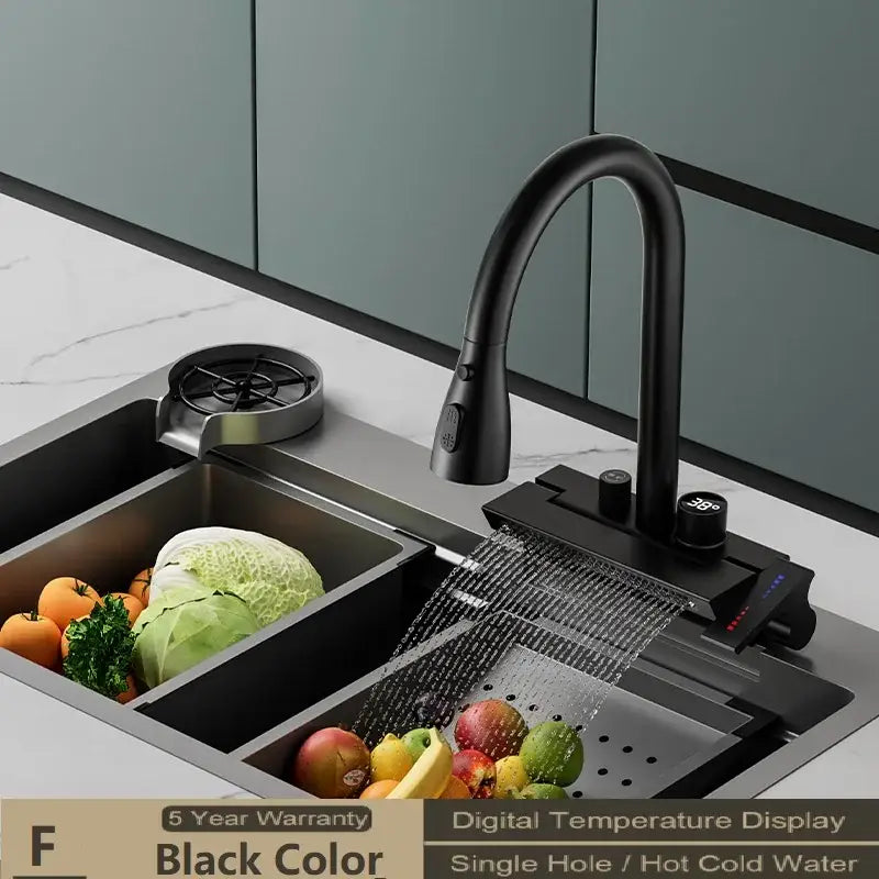 Modern stainless steel kitchen faucet with black matte finish sleek curved spout and decorbites digital display pull feature