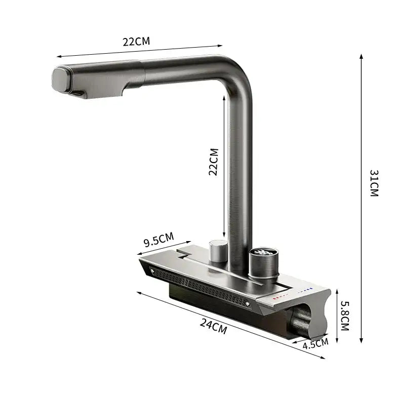 Modern stainless steel digital display pull kitchen faucet with brushed finish, curved spout, and dual cylindrical handles decorbites digital display