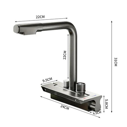 Modern stainless steel digital display pull kitchen faucet with brushed finish curved spout and dual cylindrical handles decorbites digital display