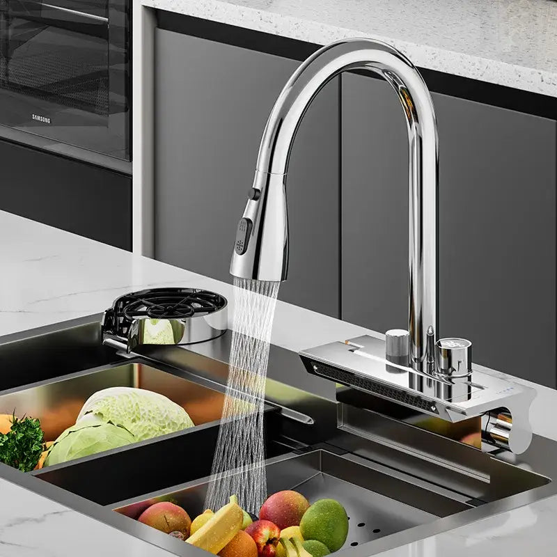Modern stainless steel kitchen faucet with chrome finish sleek arched spout and decorbites digital display pull down spray head