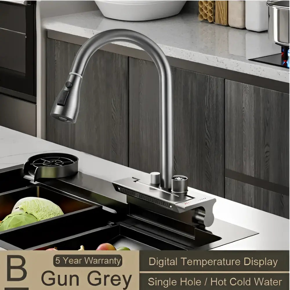 Gun grey stainless steel kitchen faucet with sleek curved spout and decorbites digital display pull out feature