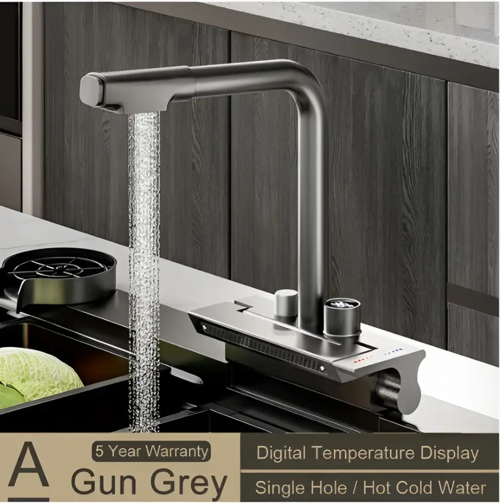 Gun grey stainless steel kitchen faucet with decorbites digital display pull and hot cold water functionality