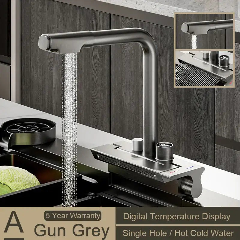 Gun grey stainless steel modern kitchen faucet with sleek design and decorbites digital display pull temperature control