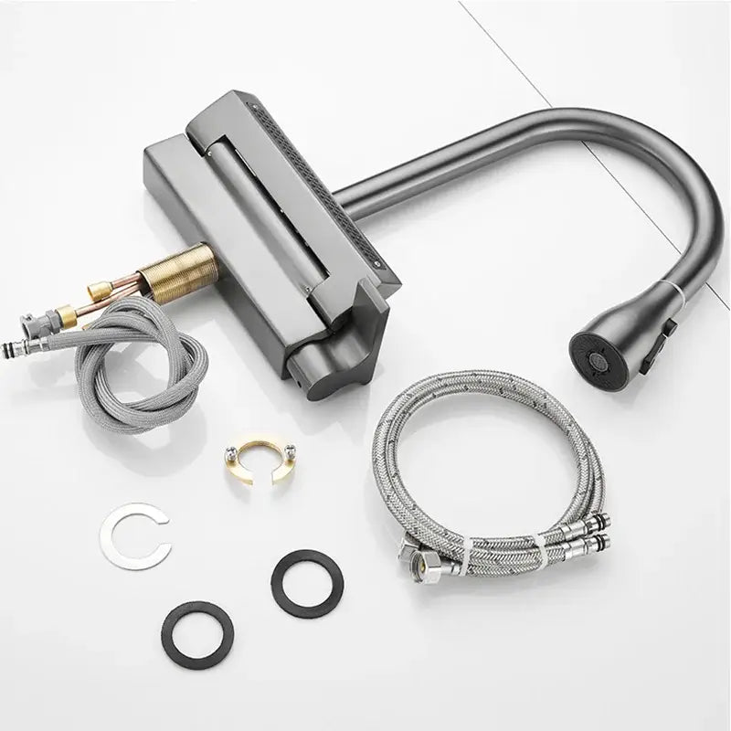 Modern matte black kitchen faucet with sleek curved spout and decorbites digital display pull out spray head