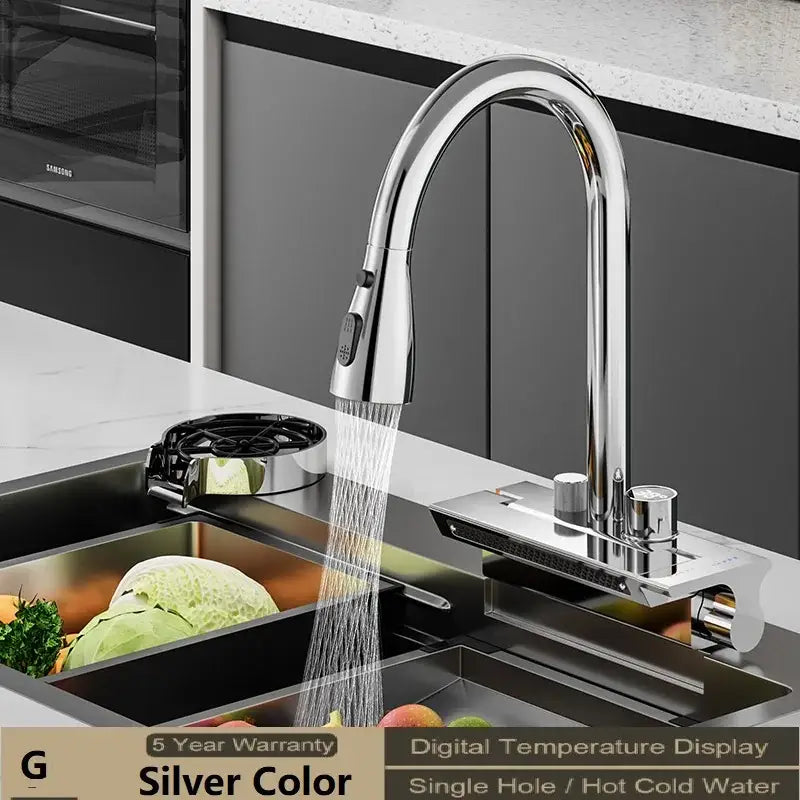 Silver stainless steel kitchen faucet with sleek chrome finish high-arc spout and decorbites digital display pull feature