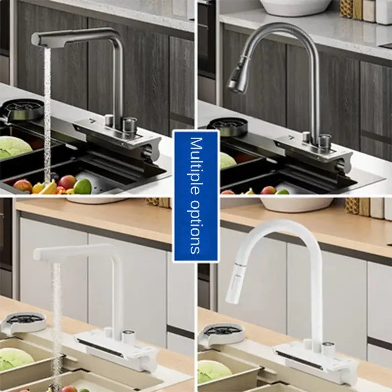 Modern stainless steel kitchen faucet with sleek curved spout and decorbites digital display pull down spray head in white or stainless finish