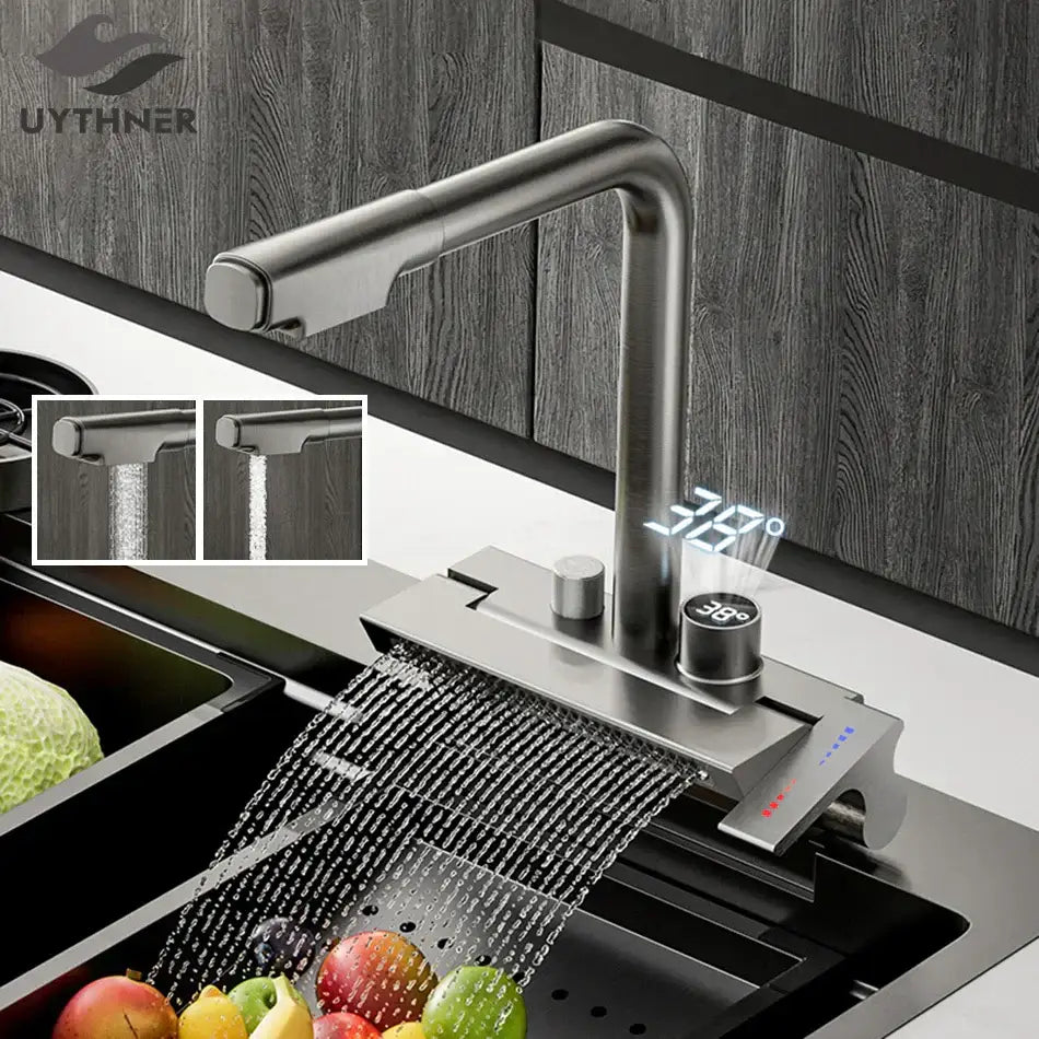 Modern stainless steel digital display pull out kitchen faucet with sleek curved spout and decorbites digital display at 38c