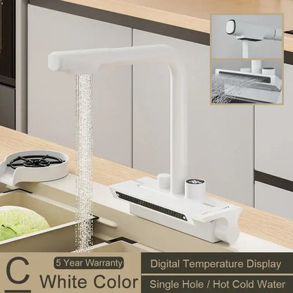 Modern stainless steel white kitchen faucet with sleek curved decorbites digital display pull for precise temperature control