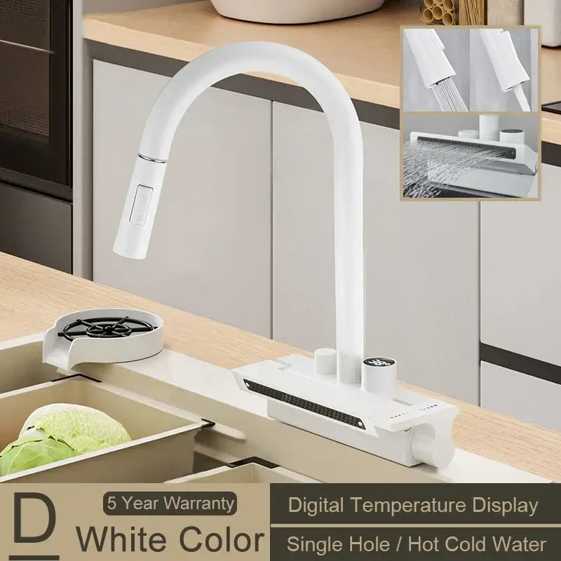 Modern stainless steel digital display pull out kitchen faucet with white decorbites digital temperature display and sleek curved spout