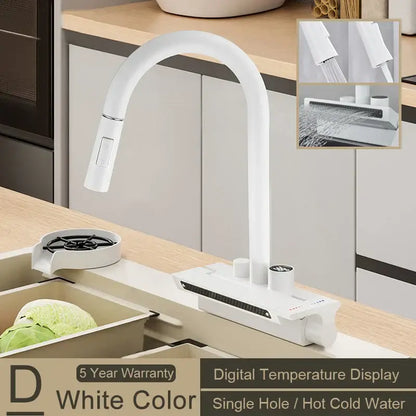 Modern stainless steel digital display pull out kitchen faucet with white decorbites digital temperature display and sleek curved spout