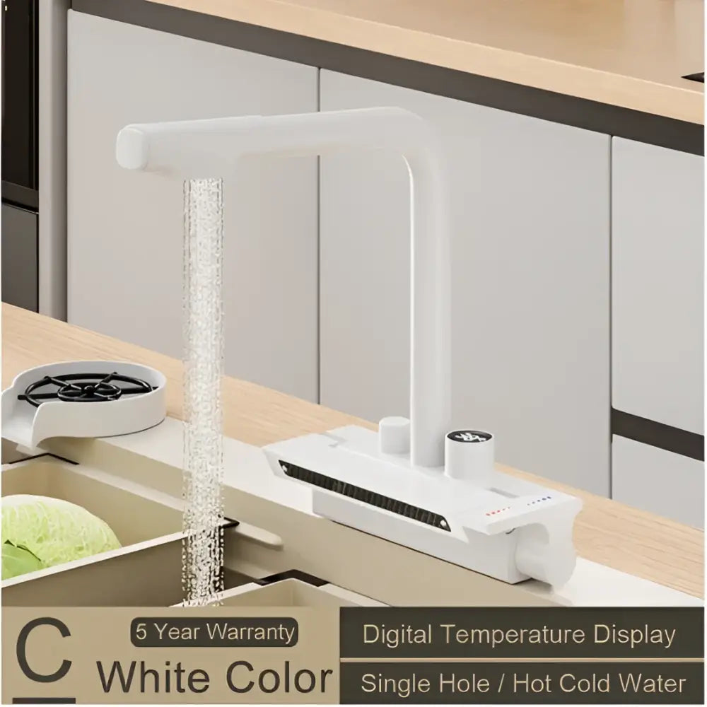 White stainless steel modern kitchen faucet with decorbites digital display and single hole installation pull out design