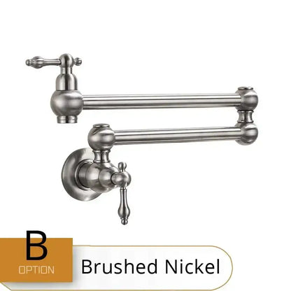 Brushed nickel decorbites double joint kitchen faucet with classic elongated design and ornate handles in stainless steel