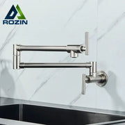 Modern stainless steel kitchen faucet with rozin brand double joint spout and two vertical handles for decorbites kitchens