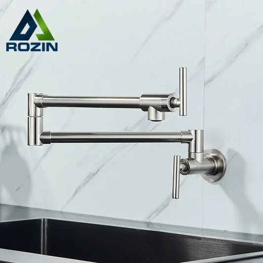 Modern stainless steel kitchen faucet with rozin brand double joint spout and two vertical handles for decorbites kitchens