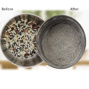 Modern stainless steel electric grinder with textured rim for grinding grains from mix to fine gray powder in kitchen